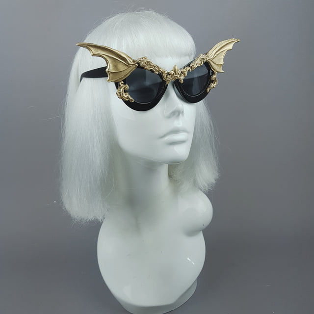 "Vamp" Gold Bat Wing Filigree Catseye Sunglasses