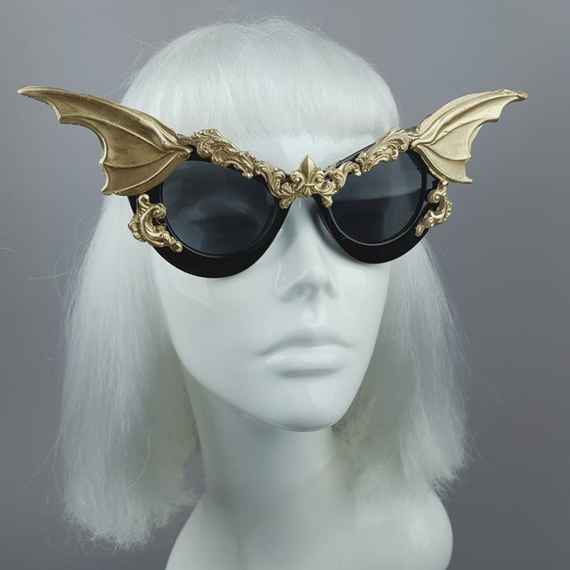 "Vamp" Gold Bat Wing Filigree Catseye Sunglasses