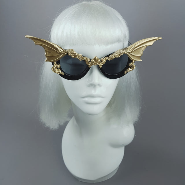 "Vamp" Gold Bat Wing Filigree Catseye Sunglasses