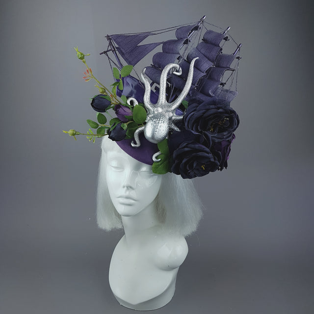 "From The Deep" Ship, Silver Octopus & Purple Roses Fascinator Hat