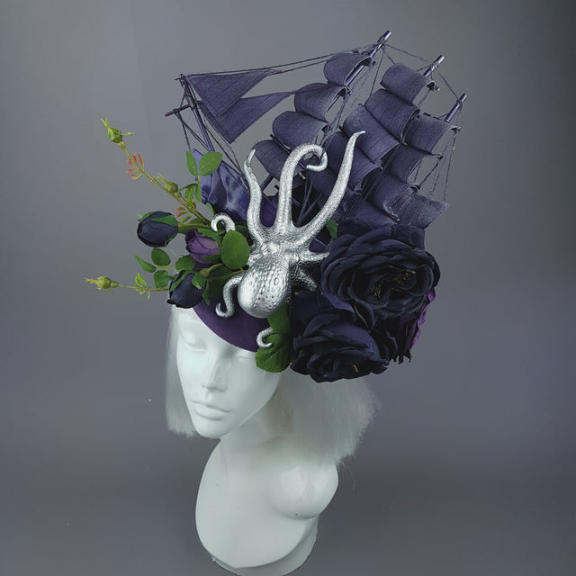 "From The Deep" Ship, Silver Octopus & Purple Roses Fascinator Hat