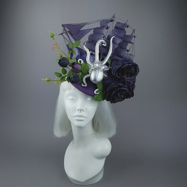 "From The Deep" Ship, Silver Octopus & Purple Roses Fascinator Hat