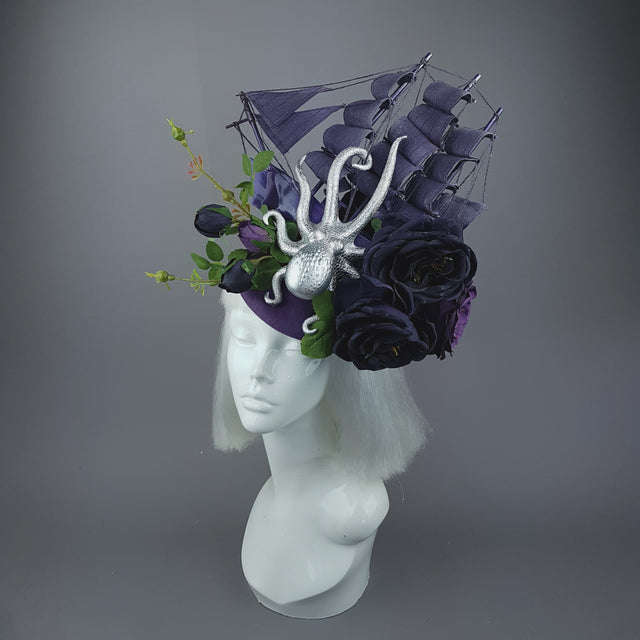"From The Deep" Ship, Silver Octopus & Purple Roses Fascinator Hat