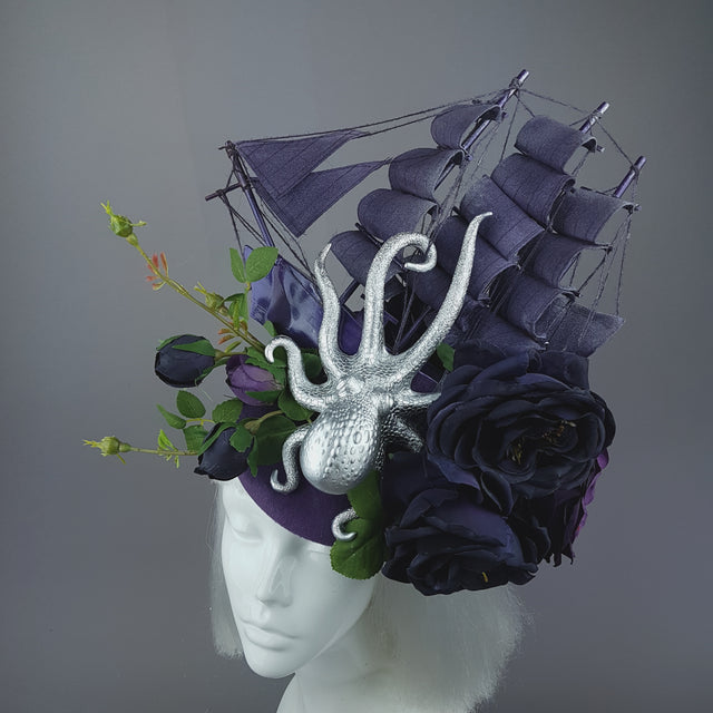 "From The Deep" Ship, Silver Octopus & Purple Roses Fascinator Hat