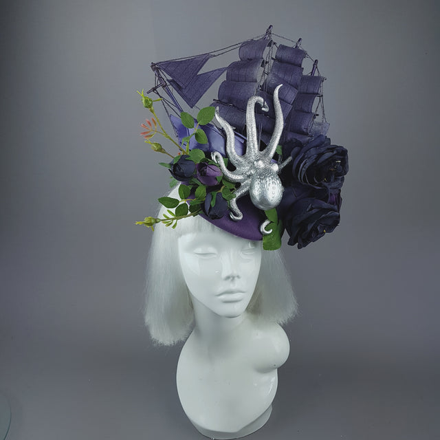 "From The Deep" Ship, Silver Octopus & Purple Roses Fascinator Hat