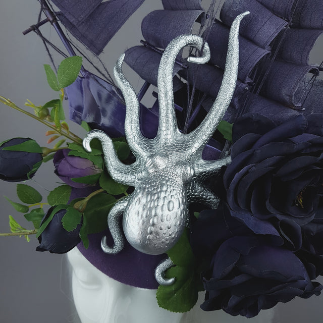 "From The Deep" Ship, Silver Octopus & Purple Roses Fascinator Hat