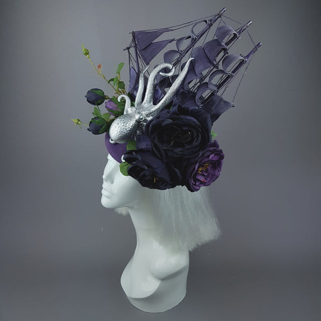 "From The Deep" Ship, Silver Octopus & Purple Roses Fascinator Hat