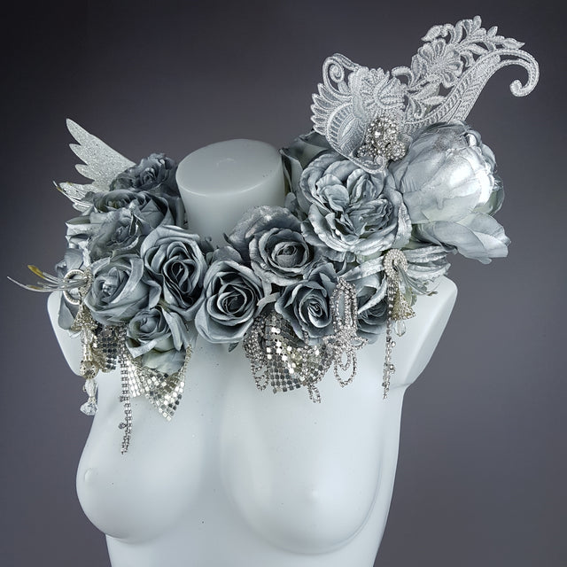 "Angelus" Silver Rose, Angel Wing Moulded Shoulder/Neckpiece