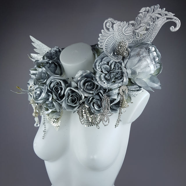 "Angelus" Silver Rose, Angel Wing Moulded Shoulder/Neckpiece