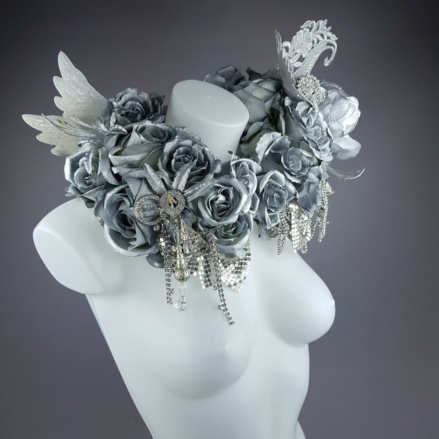 "Angelus" Silver Rose, Angel Wing Moulded Shoulder/Neckpiece