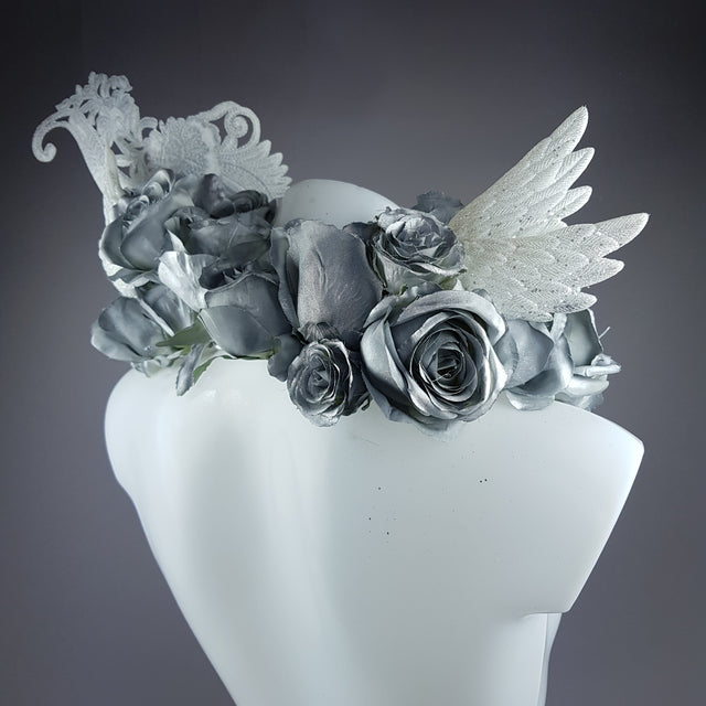 "Angelus" Silver Rose, Angel Wing Moulded Shoulder/Neckpiece