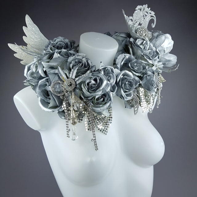 "Angelus" Silver Rose, Angel Wing Moulded Shoulder/Neckpiece