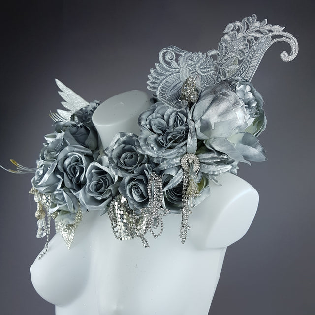 "Angelus" Silver Rose, Angel Wing Moulded Shoulder/Neckpiece