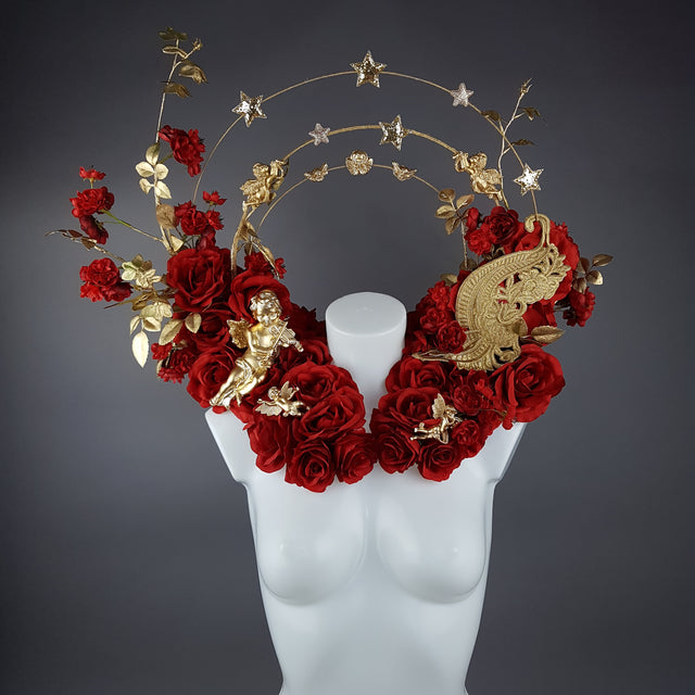 "Inferno" Red Rose, Cherub Halo Moulded Shoulder/Neckpiece