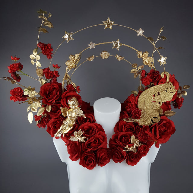 "Inferno" Red Rose, Cherub Halo Moulded Shoulder/Neckpiece