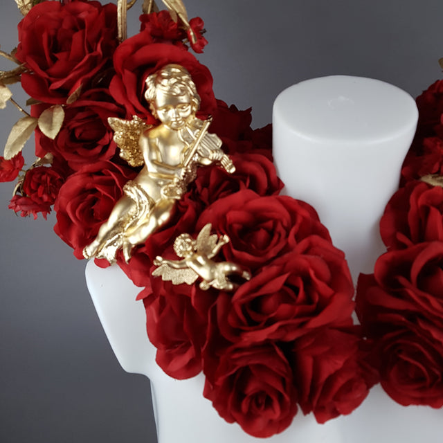 "Inferno" Red Rose, Cherub Halo Moulded Shoulder/Neckpiece