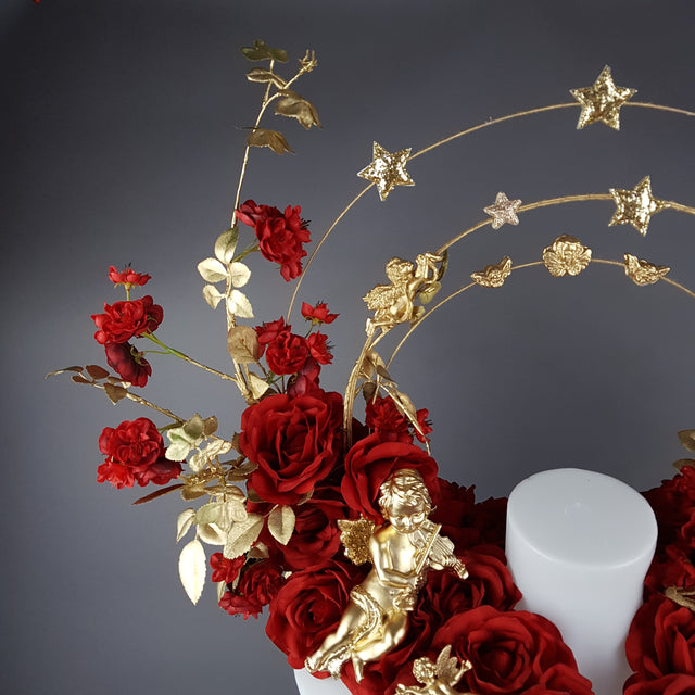 "Inferno" Red Rose, Cherub Halo Moulded Shoulder/Neckpiece