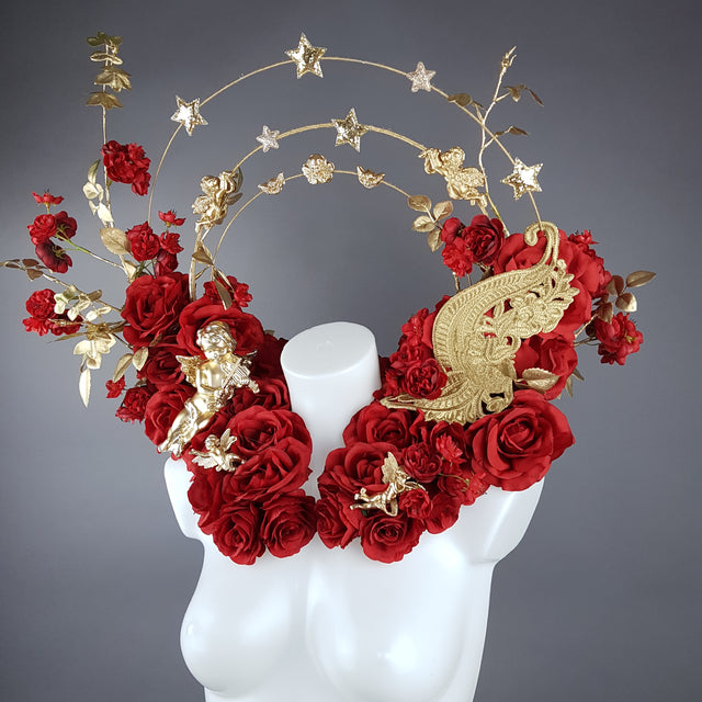 "Inferno" Red Rose, Cherub Halo Moulded Shoulder/Neckpiece