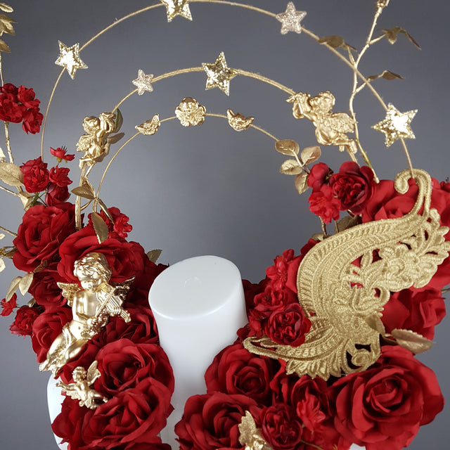"Inferno" Red Rose, Cherub Halo Moulded Shoulder/Neckpiece