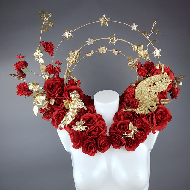 "Inferno" Red Rose, Cherub Halo Moulded Shoulder/Neckpiece