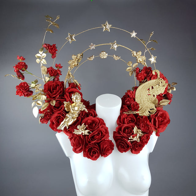"Inferno" Red Rose, Cherub Halo Moulded Shoulder/Neckpiece
