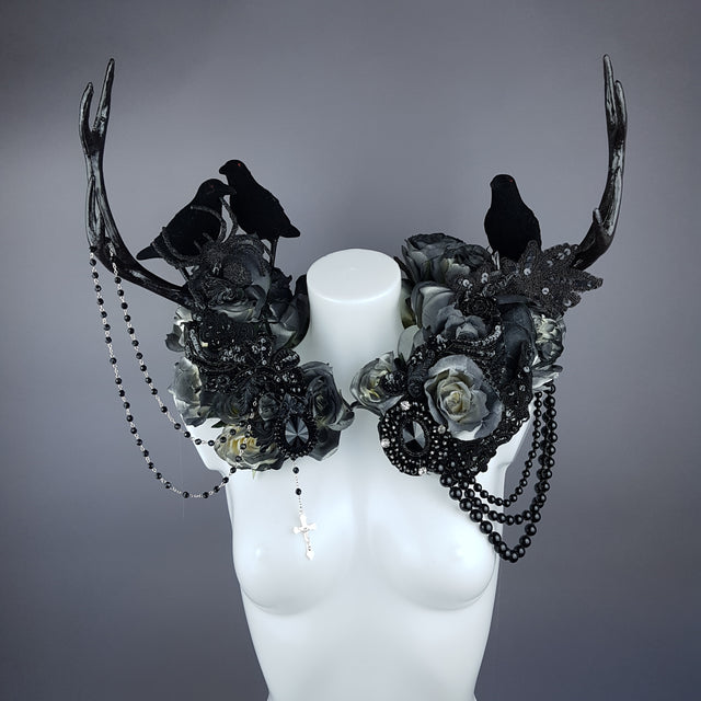 "Corvum Noir" Dark Rose, Antlers and Raven Moulded Shoulder/Neckpiece