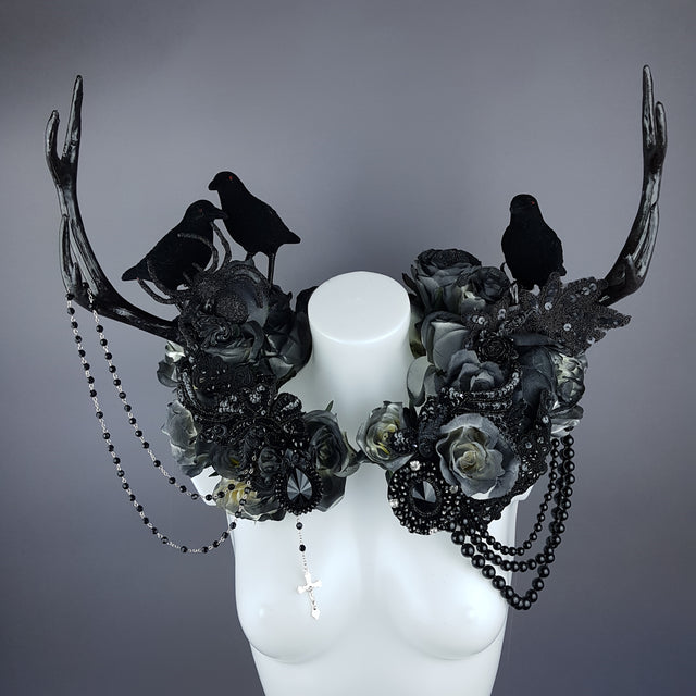 "Corvum Noir" Dark Rose, Antlers and Raven Moulded Shoulder/Neckpiece