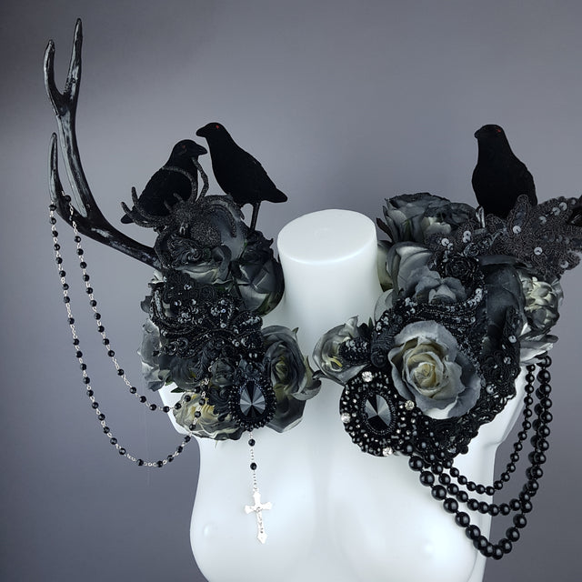 "Corvum Noir" Dark Rose, Antlers and Raven Moulded Shoulder/Neckpiece