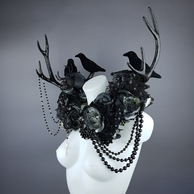 "Corvum Noir" Dark Rose, Antlers and Raven Moulded Shoulder/Neckpiece