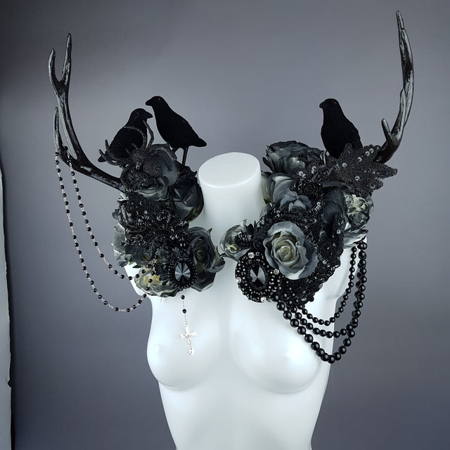 "Corvum Noir" Dark Rose, Antlers and Raven Moulded Shoulder/Neckpiece