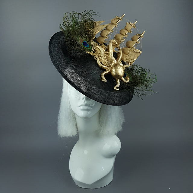 "Ira" Gold Ship, Octopus, Filigree & Peacock Feather Fascinator Hat