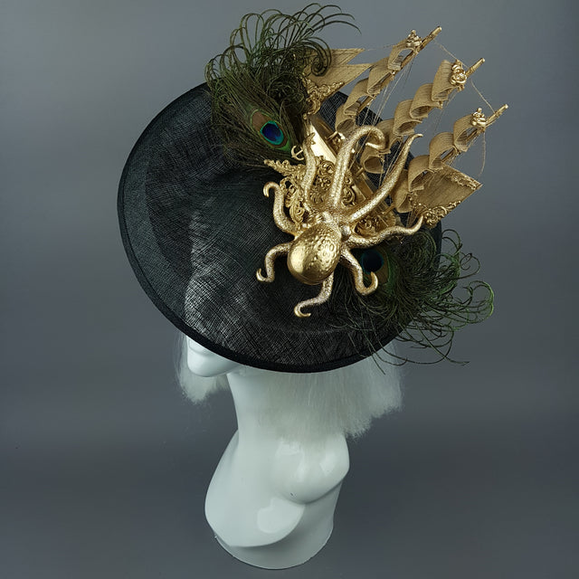 "Ira" Gold Ship, Octopus, Filigree & Peacock Feather Fascinator Hat