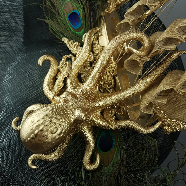 "Ira" Gold Ship, Octopus, Filigree & Peacock Feather Fascinator Hat