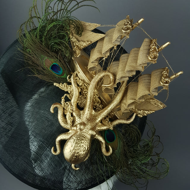 "Ira" Gold Ship, Octopus, Filigree & Peacock Feather Fascinator Hat