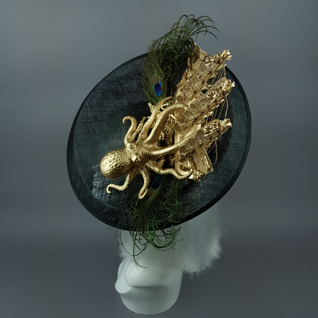 "Ira" Gold Ship, Octopus, Filigree & Peacock Feather Fascinator Hat