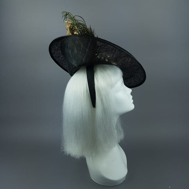 "Ira" Gold Ship, Octopus, Filigree & Peacock Feather Fascinator Hat