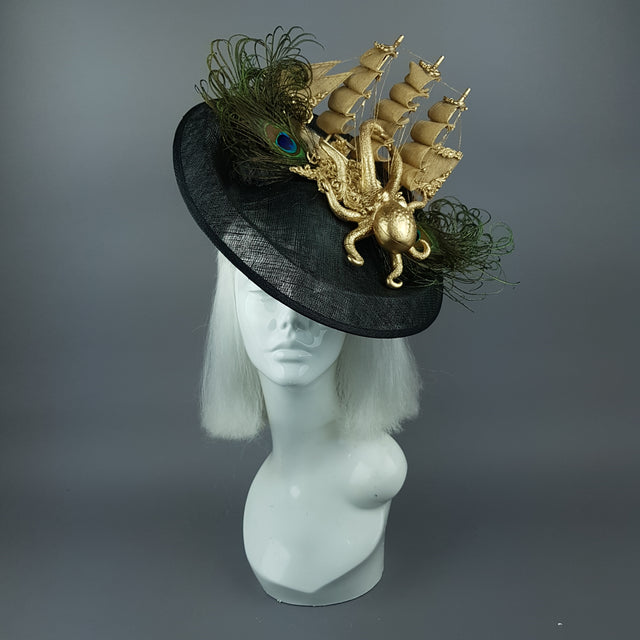 "Ira" Gold Ship, Octopus, Filigree & Peacock Feather Fascinator Hat