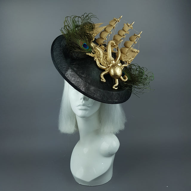 "Ira" Gold Ship, Octopus, Filigree & Peacock Feather Fascinator Hat