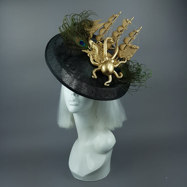 "Ira" Gold Ship, Octopus, Filigree & Peacock Feather Fascinator Hat