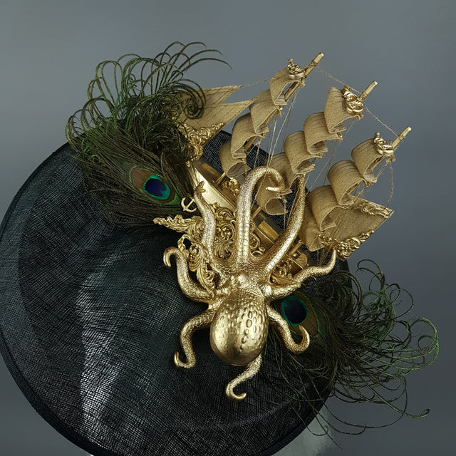 "Ira" Gold Ship, Octopus, Filigree & Peacock Feather Fascinator Hat