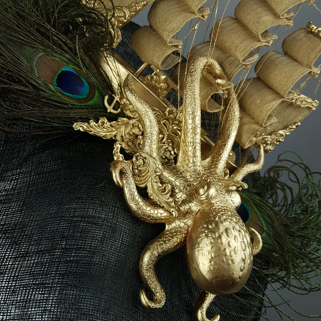 "Ira" Gold Ship, Octopus, Filigree & Peacock Feather Fascinator Hat