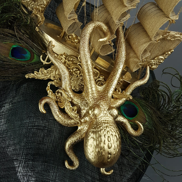 "Ira" Gold Ship, Octopus, Filigree & Peacock Feather Fascinator Hat