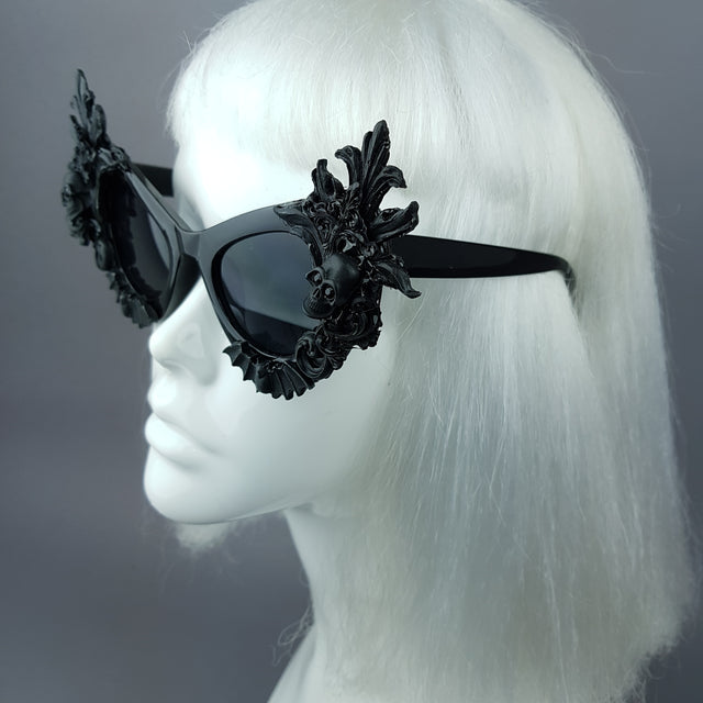 "Lilah" Black Skull Filigree Cats Eye Sunglasses