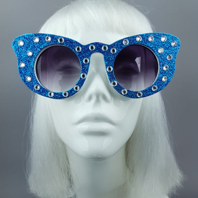 "Seiran" Blue Glitter Butterfly Shaped Sunglasses