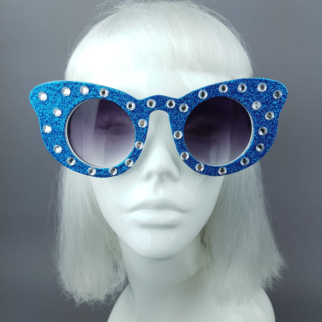 "Seiran" Blue Glitter Butterfly Shaped Sunglasses