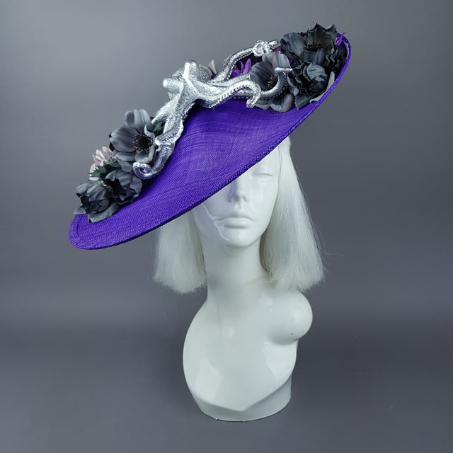 "Marcellina" Silver Octopus & Purple Flowers Hat