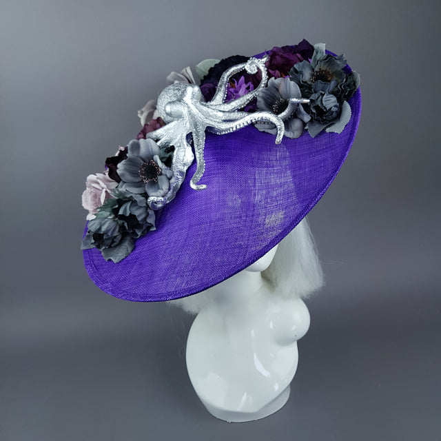 "Marcellina" Silver Octopus & Purple Flowers Hat