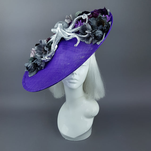 "Marcellina" Silver Octopus & Purple Flowers Hat