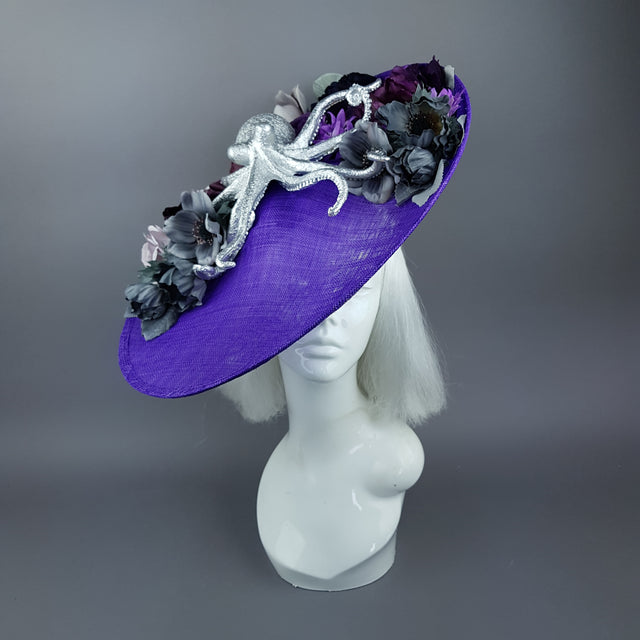 "Marcellina" Silver Octopus & Purple Flowers Hat