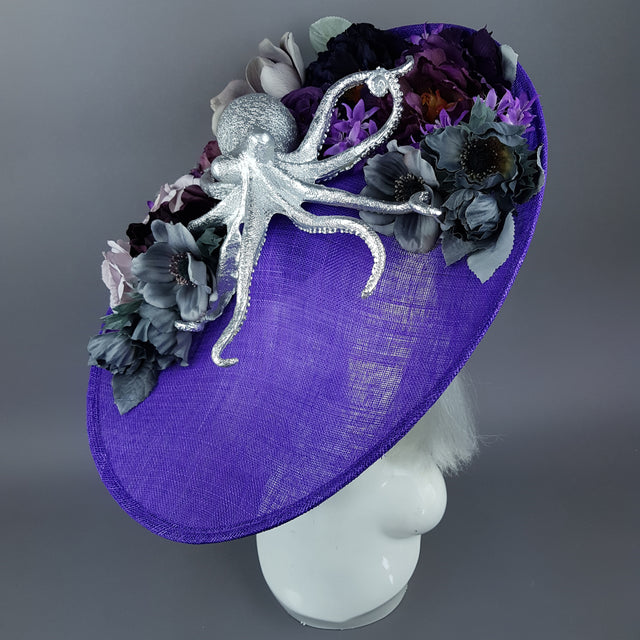"Marcellina" Silver Octopus & Purple Flowers Hat